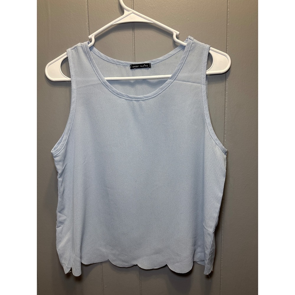 Sweet Claire Light Blue Scalloped Hem Tank Top Textured Crepe Scoop Neck